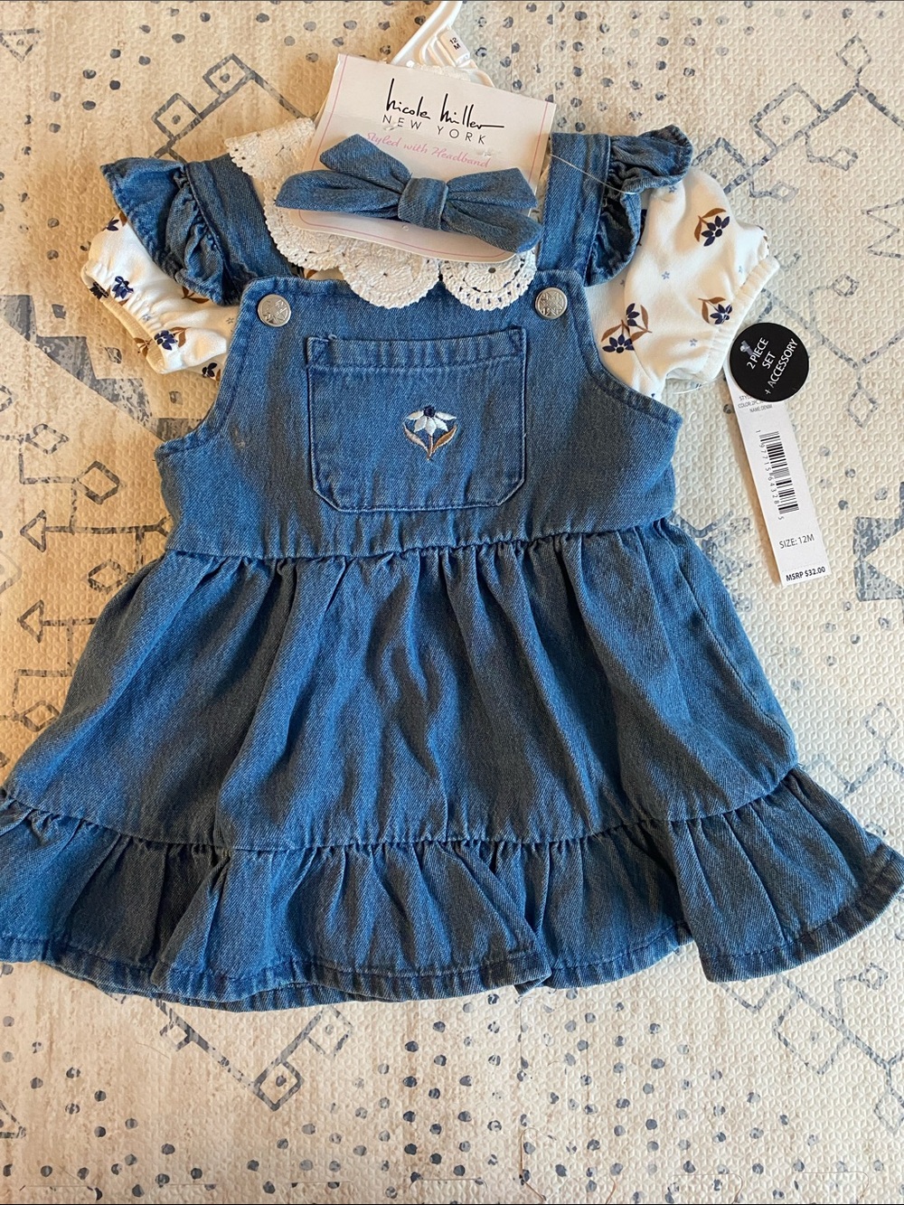 NICHOLAS Blue Denim Pinafore Dress with Floral Tee & Bow